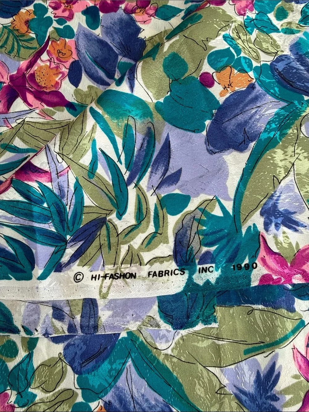 Vintage 1990 Hi-Fashion Fabrics Tropical Floral Slinky Jacquard 2 1/4 Yds